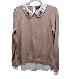 Ivanka‎ Trump Embellished Peter Pan Collar Sweater Rose Gold Knit Top L